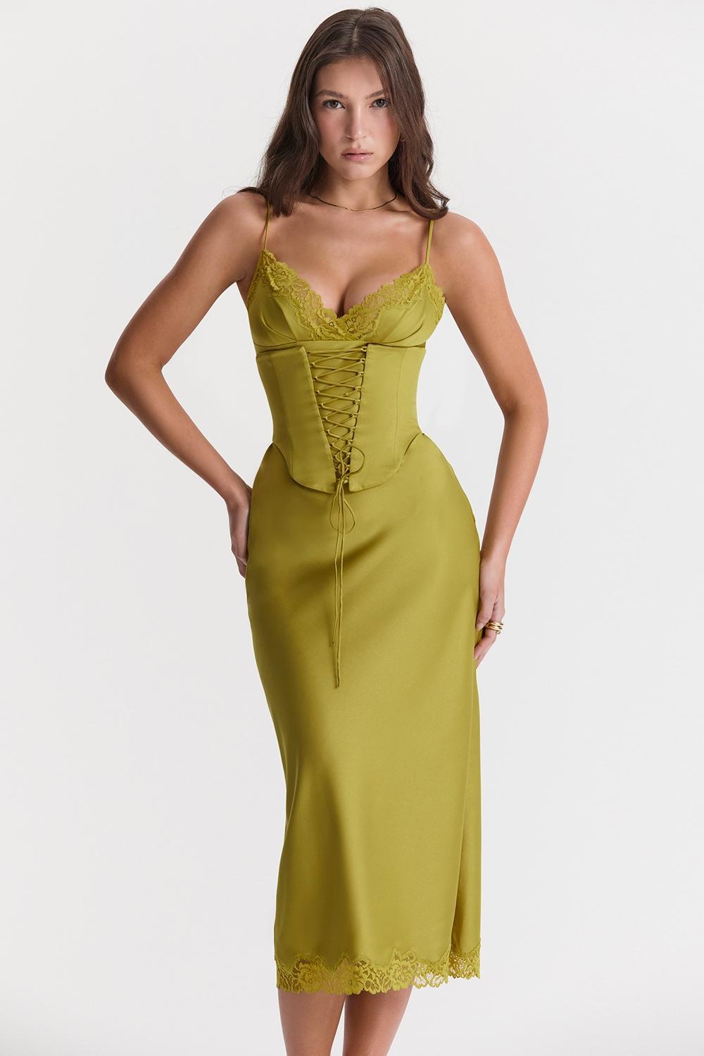 Salma Chartreuse Satin Slip Dress Product Image