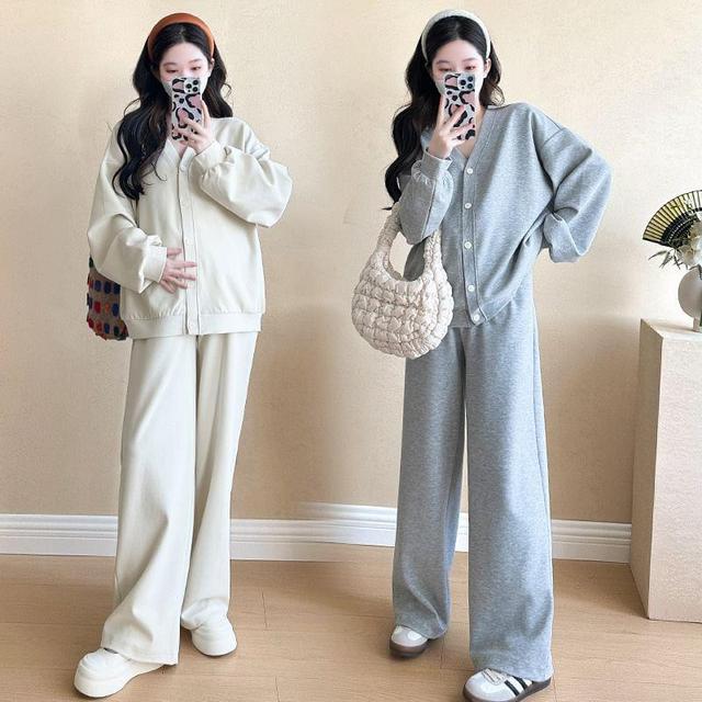 Maternity Set: V-Neck Button-Up Cardigan + High Waist Straight Leg Pants Product Image