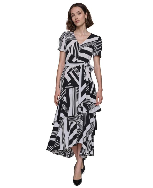 Karl Lagerfeld Paris Womens Printed Tie-Waist Tiered V-Neck Dress Product Image