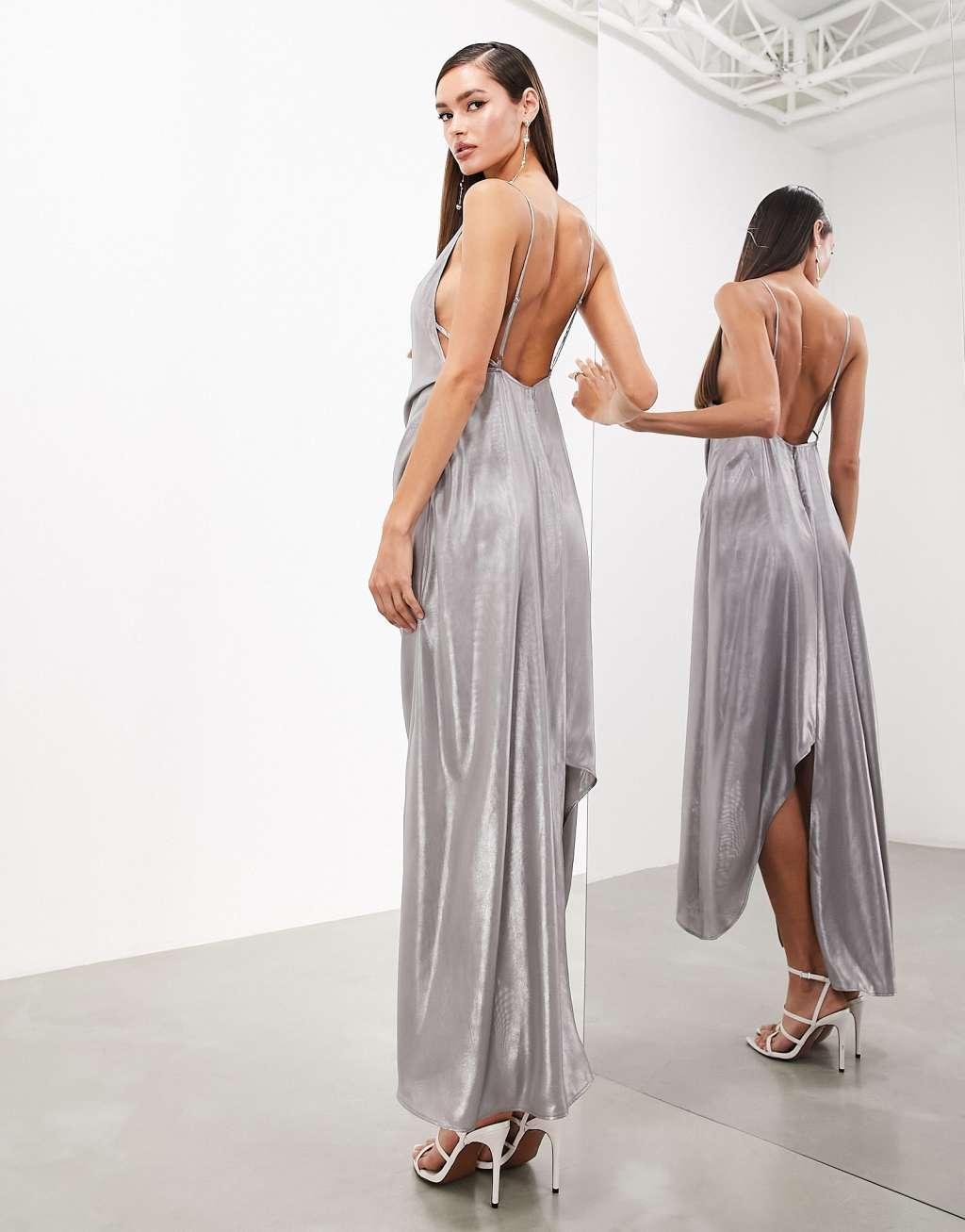 ASOS EDITION metallic cami maxi dress with drape detail in silver Product Image