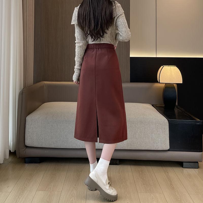 High Rise Plain Slit Midi A-Line Skirt Product Image