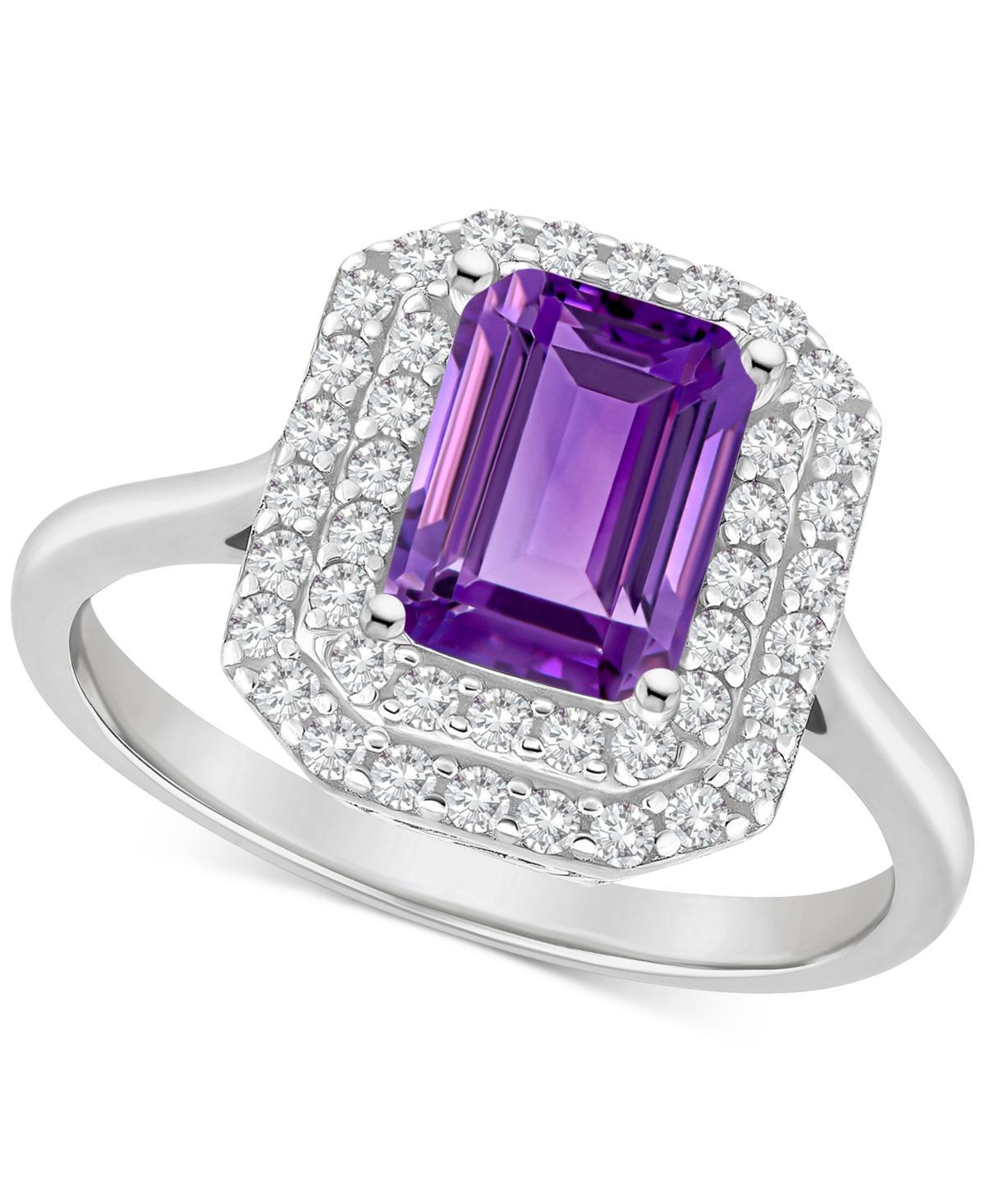 Celebration Gems Sterling Silver Emerald-Cut Amethyst & White Topaz Double Halo Ring, Womens Purple Product Image