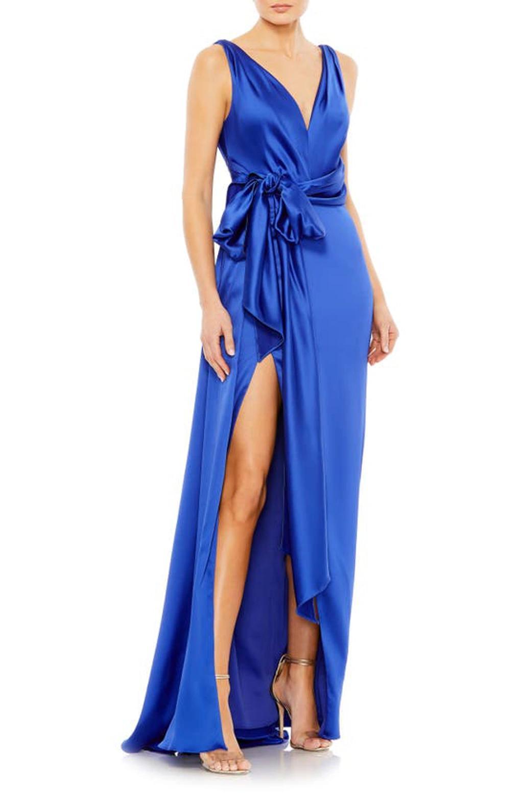 Satin Draped V-neck Gown In Royal Product Image