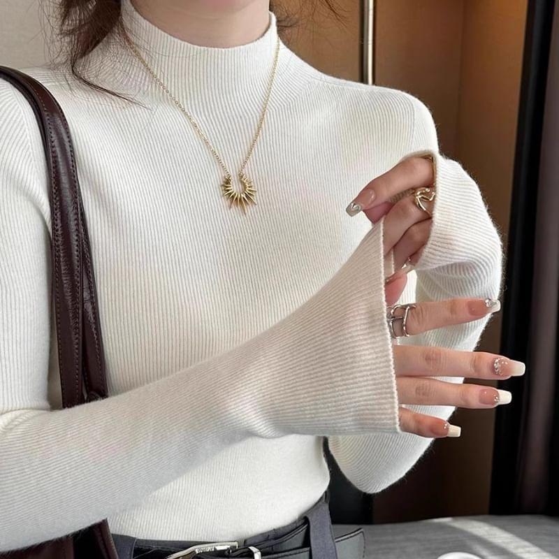 Mock Neck Plain Ribbed Sweater Product Image