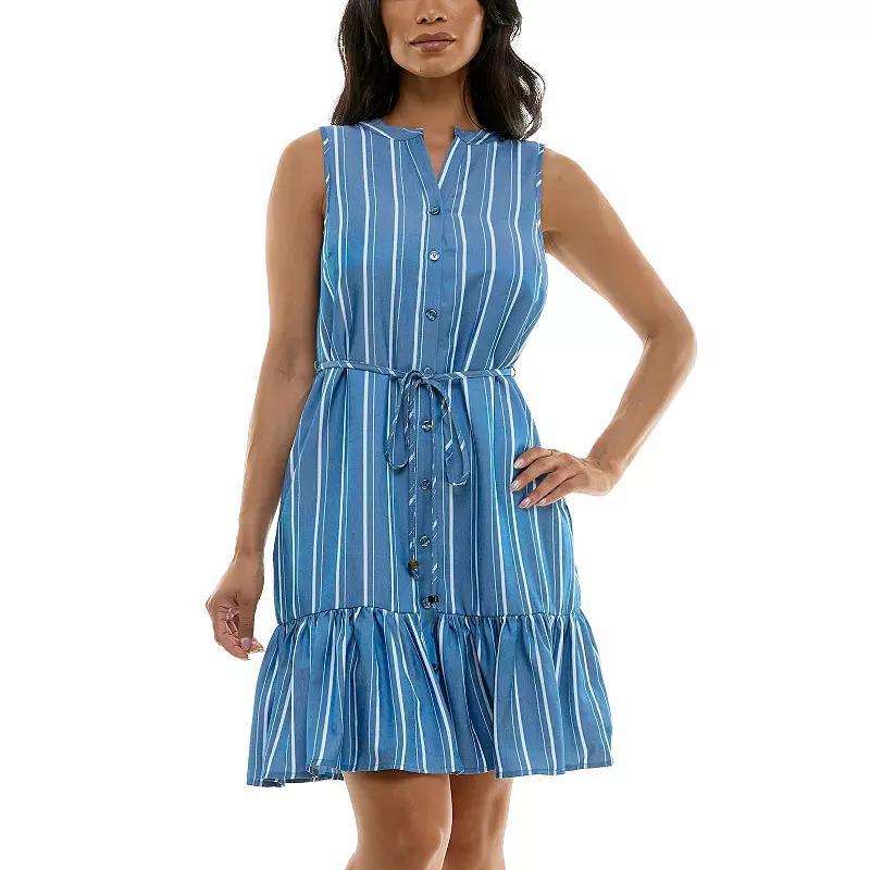 Womens Nina Leonard Mandarin Collar Tiered Hem Striped Dress Product Image