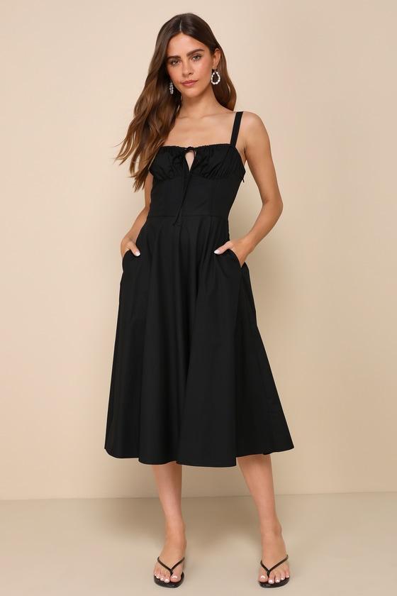 Compelling Charisma Black Bustier Midi Dress With Pockets Product Image