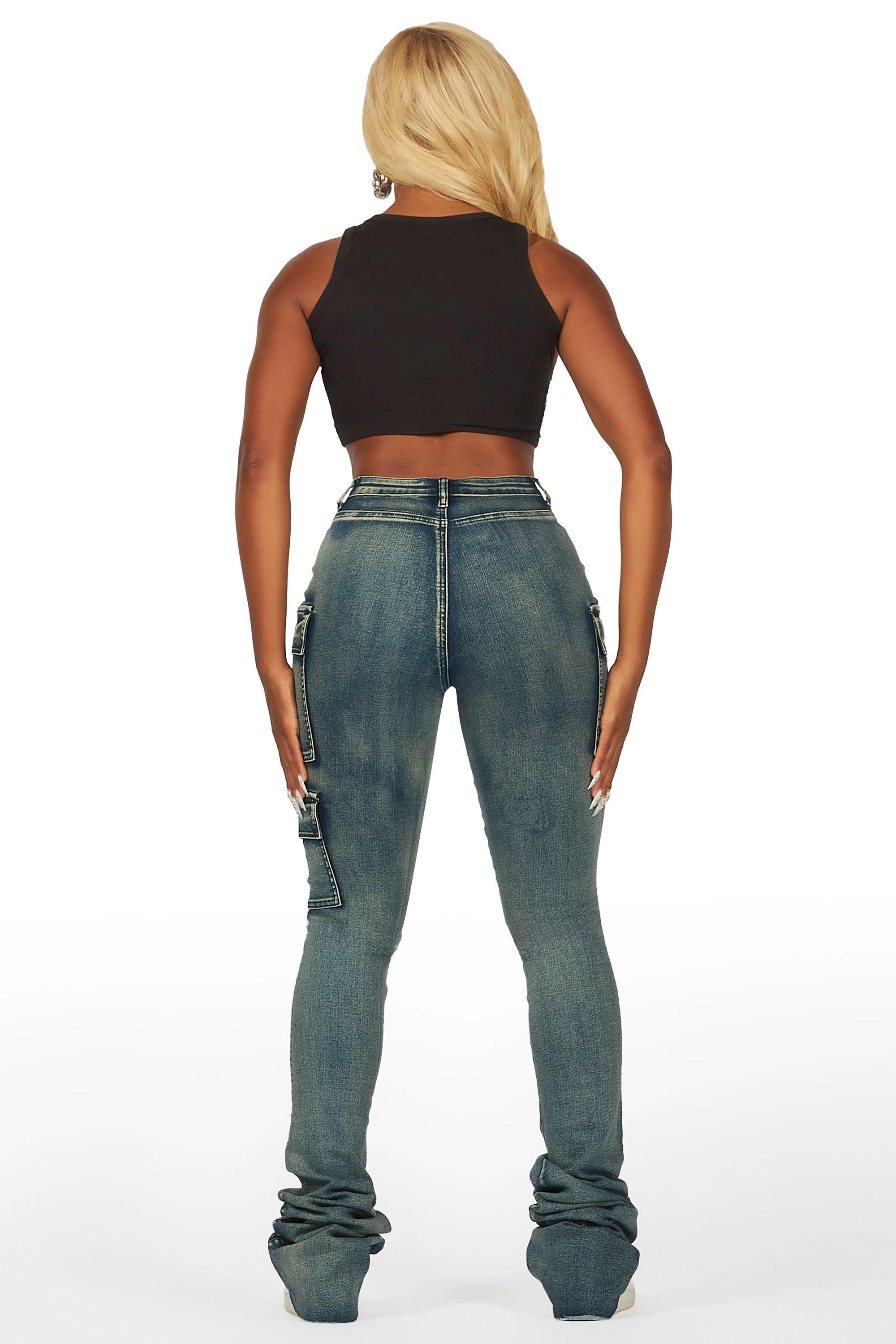 Vixen Tinted Dark Wash Cargo Super Stacked Pant Female Product Image