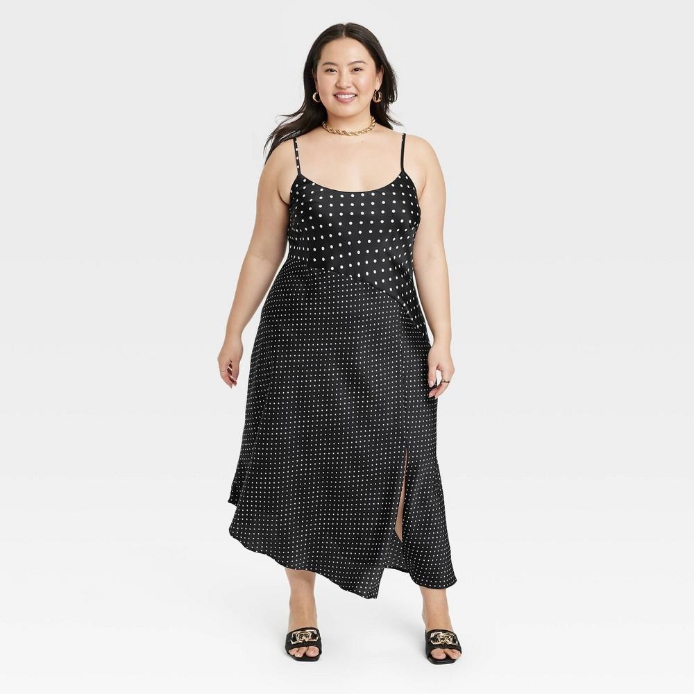 Womens Asymmetrical Midi Slip Dress - A New Day Black Polka Dots 2X Product Image