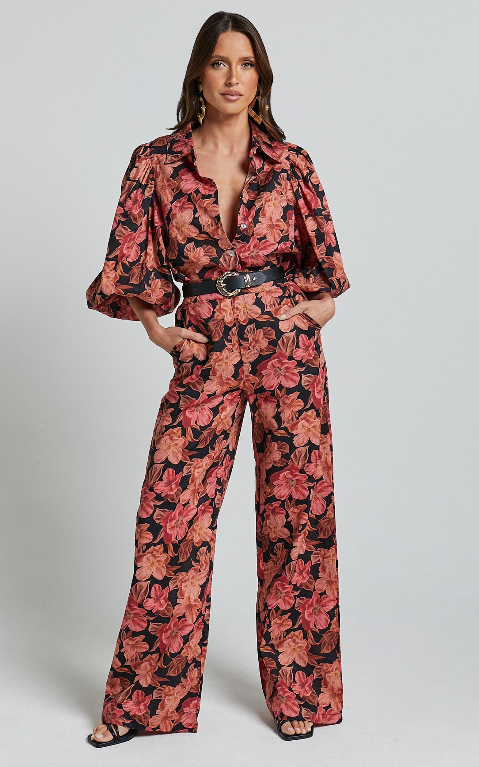 Amalie The Label - Janae Linen Blend Collared Puff Sleeve Button Up Shirt in Atalie Print Product Image