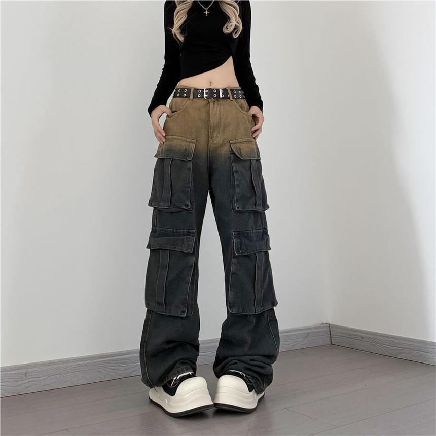 Mid Waist Gradient Washed Wide Leg Cargo Jeans Product Image