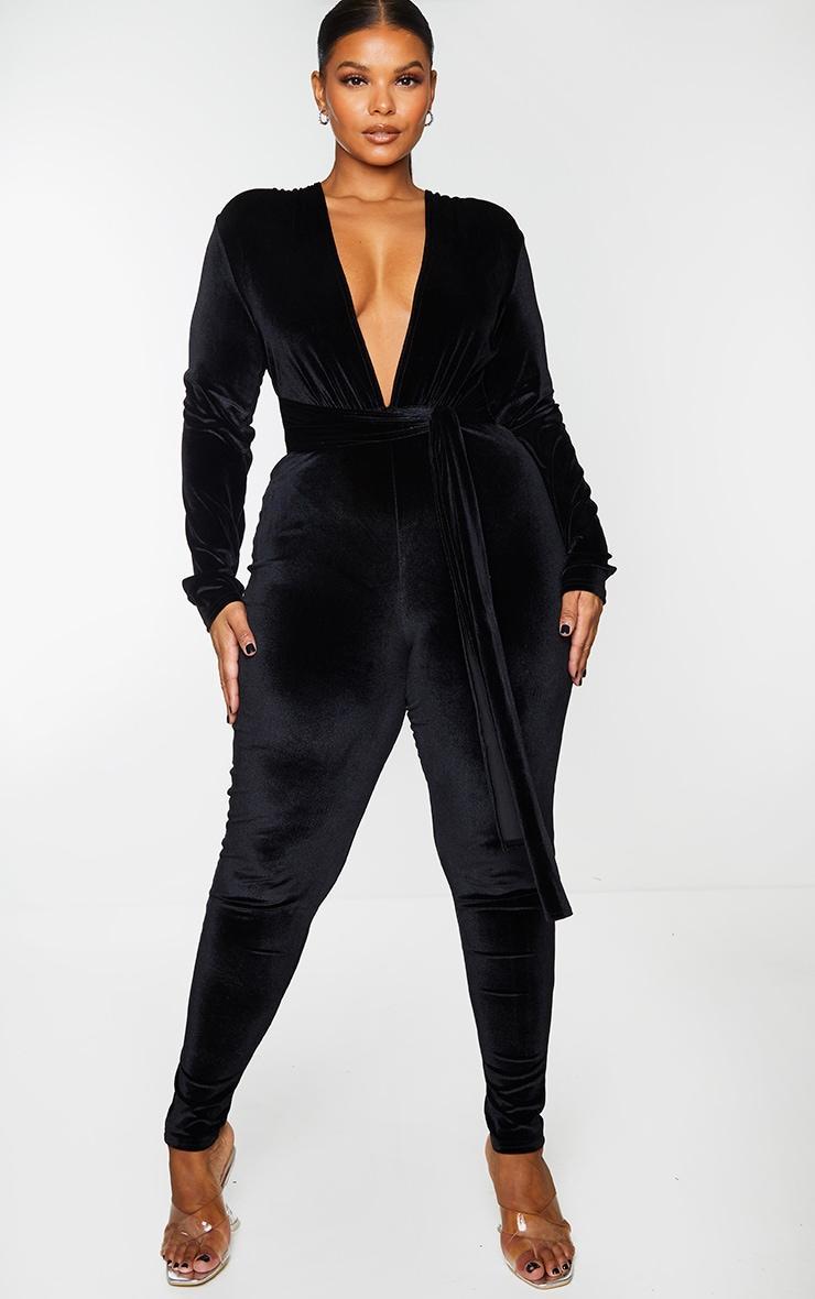 Plus Black Velvet Deep Plunge Tie Waist Jumpsuit Product Image