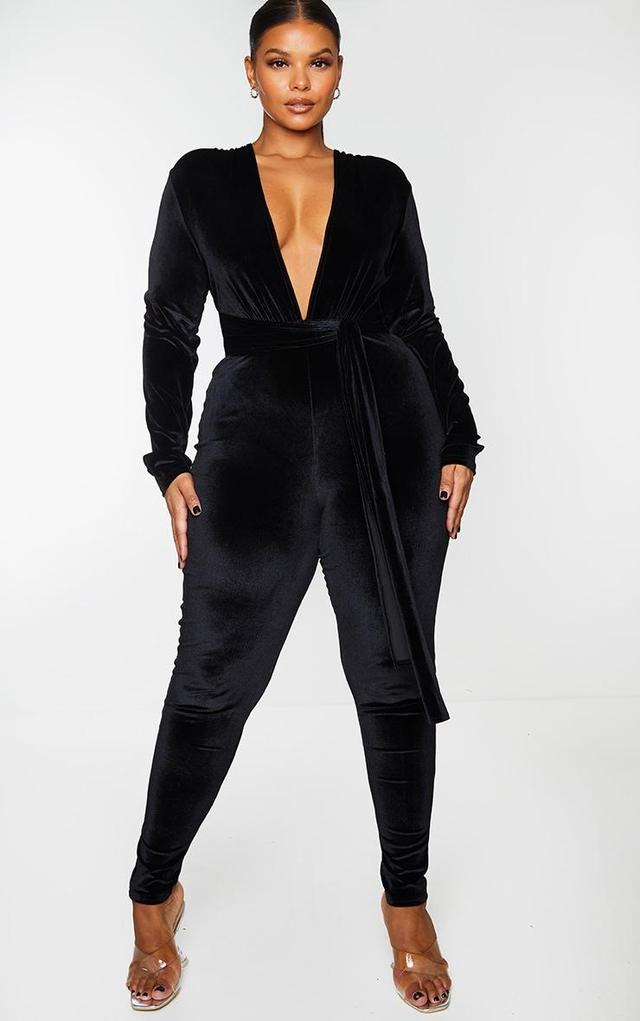 Plus Black Velvet Deep Plunge Tie Waist Jumpsuit Product Image