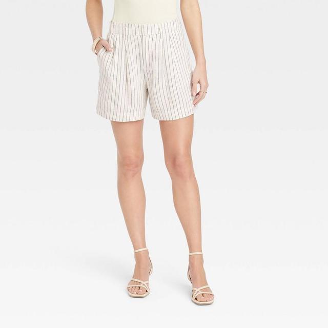 Womens High-Rise Pleated Front Shorts - A New Day Cream/Black Pinstripe 6 Product Image