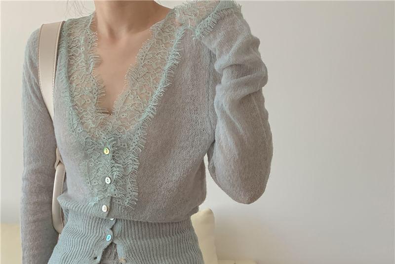 V-Neck Plain Lace Trim Cardigan Product Image