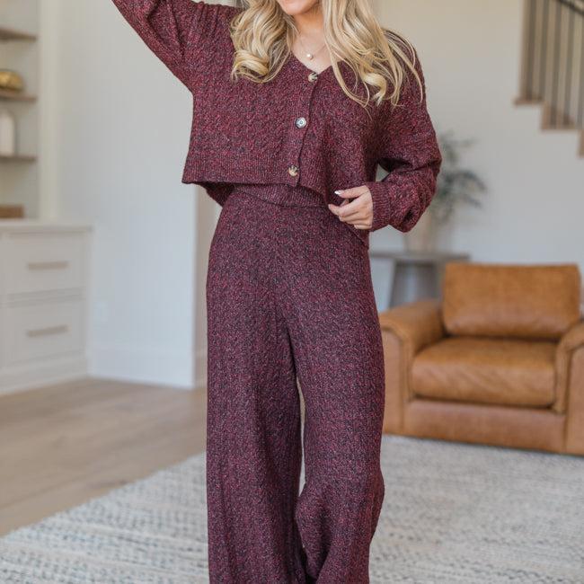 Cool Factor Dusty Burgundy Cropped Cardigan & Wide Leg Set Product Image