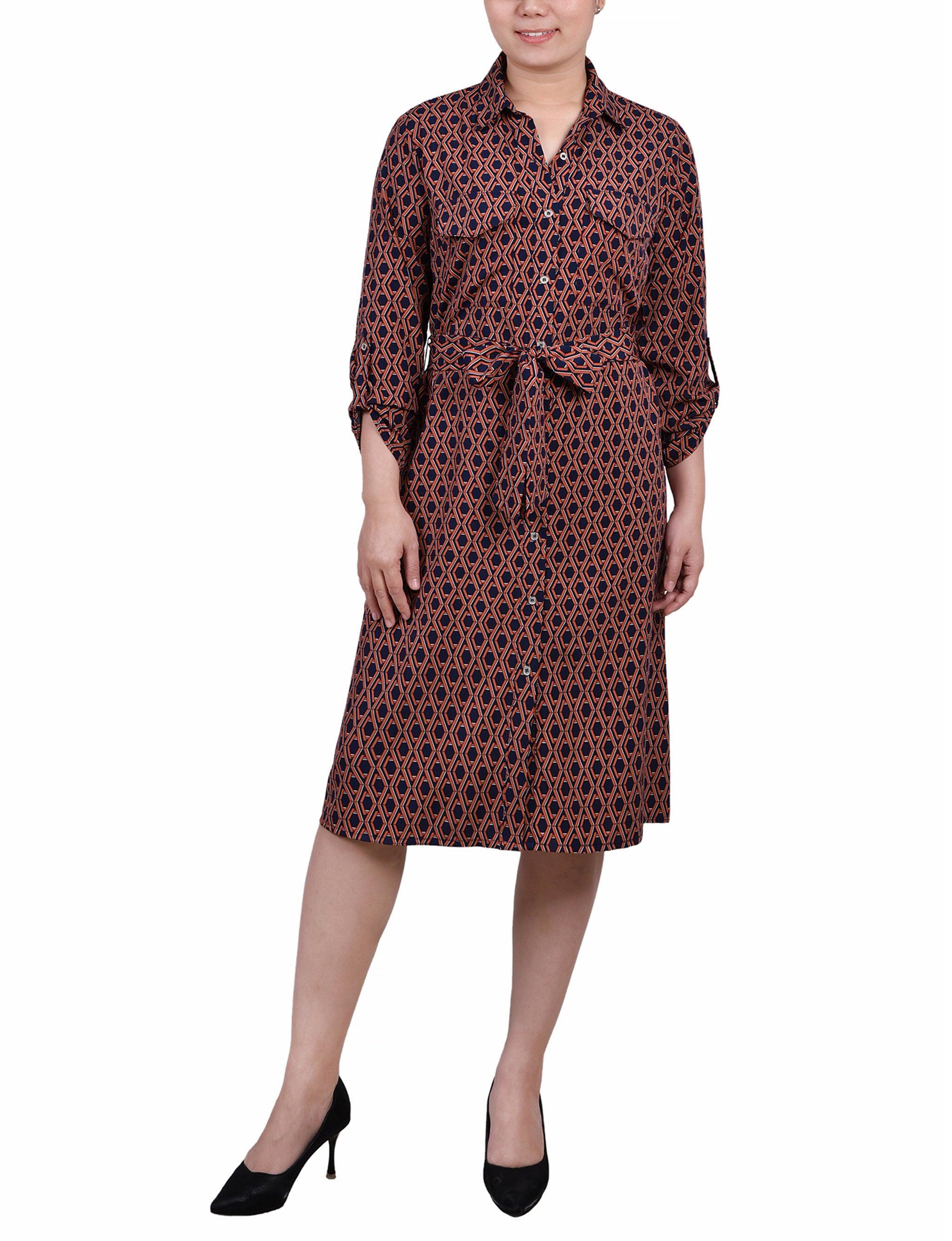 3/4 Length Roll Tab Sleeve Belted Shirtdress - Petite Product Image