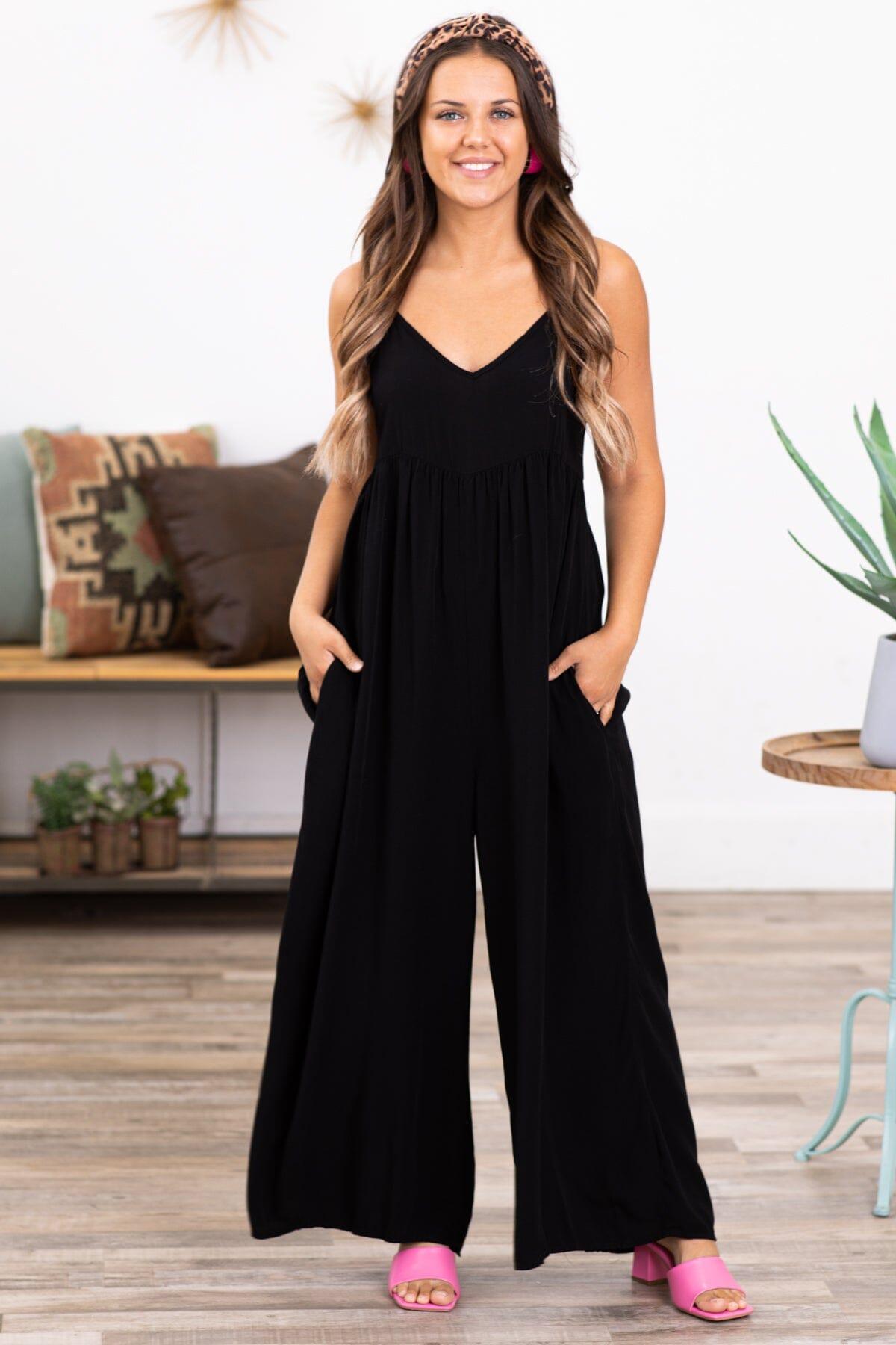 Black Wide Leg V-Neck Jumpsuit Product Image