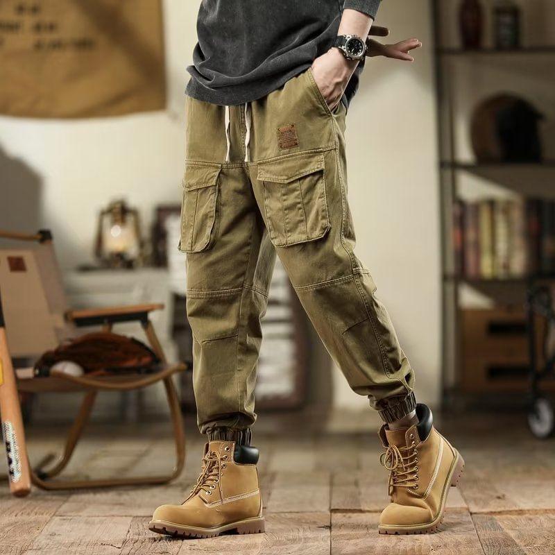 Drawstring Waist Plain Cropped Harem Cargo Pants Product Image