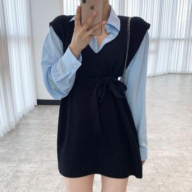 V-Neck Plain Ribbed Mini Knit Dress Product Image