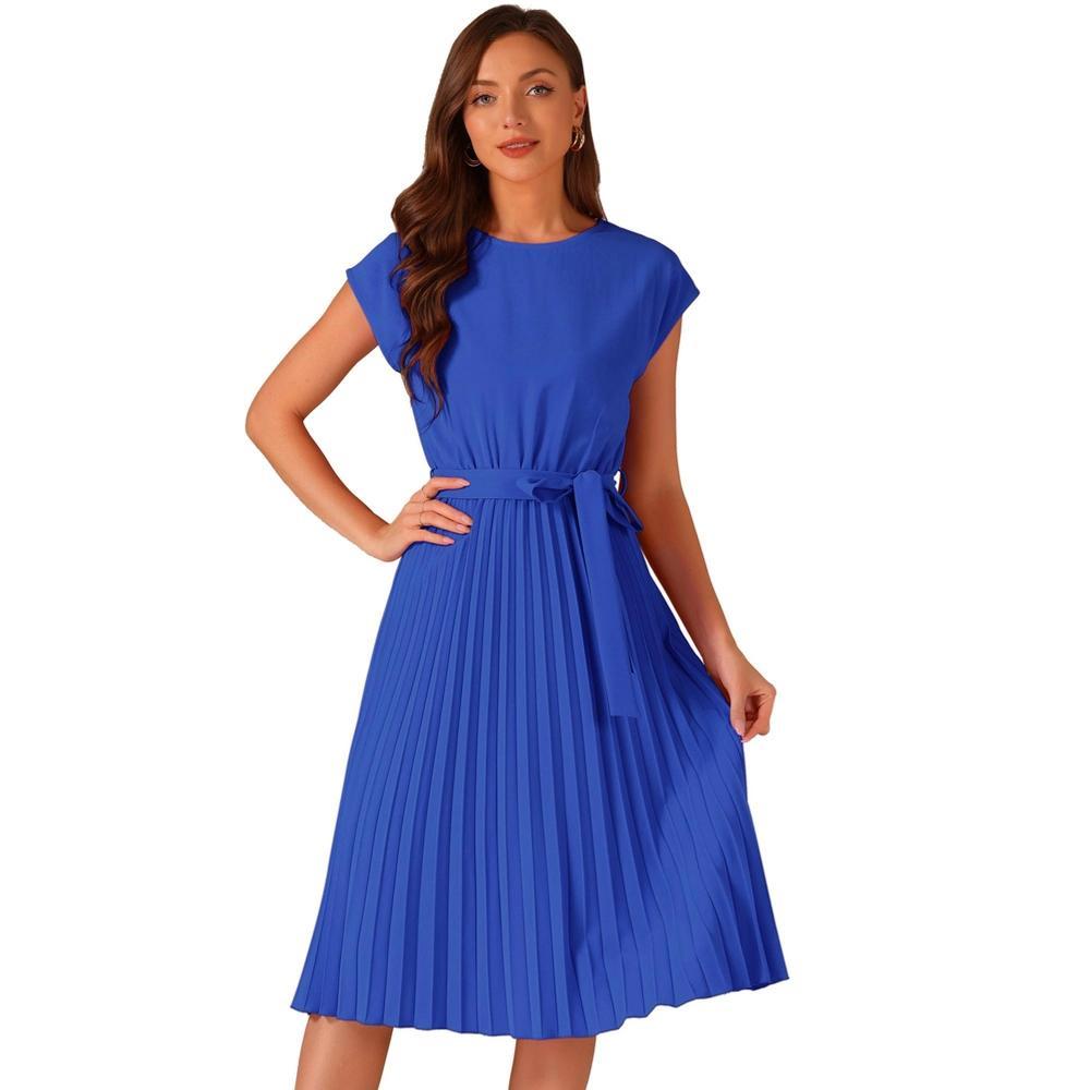 Allegra K Women's Pleated Crew Neck Cap Sleeve Tie Waist A-Line Dresses Royal Blue Large Product Image