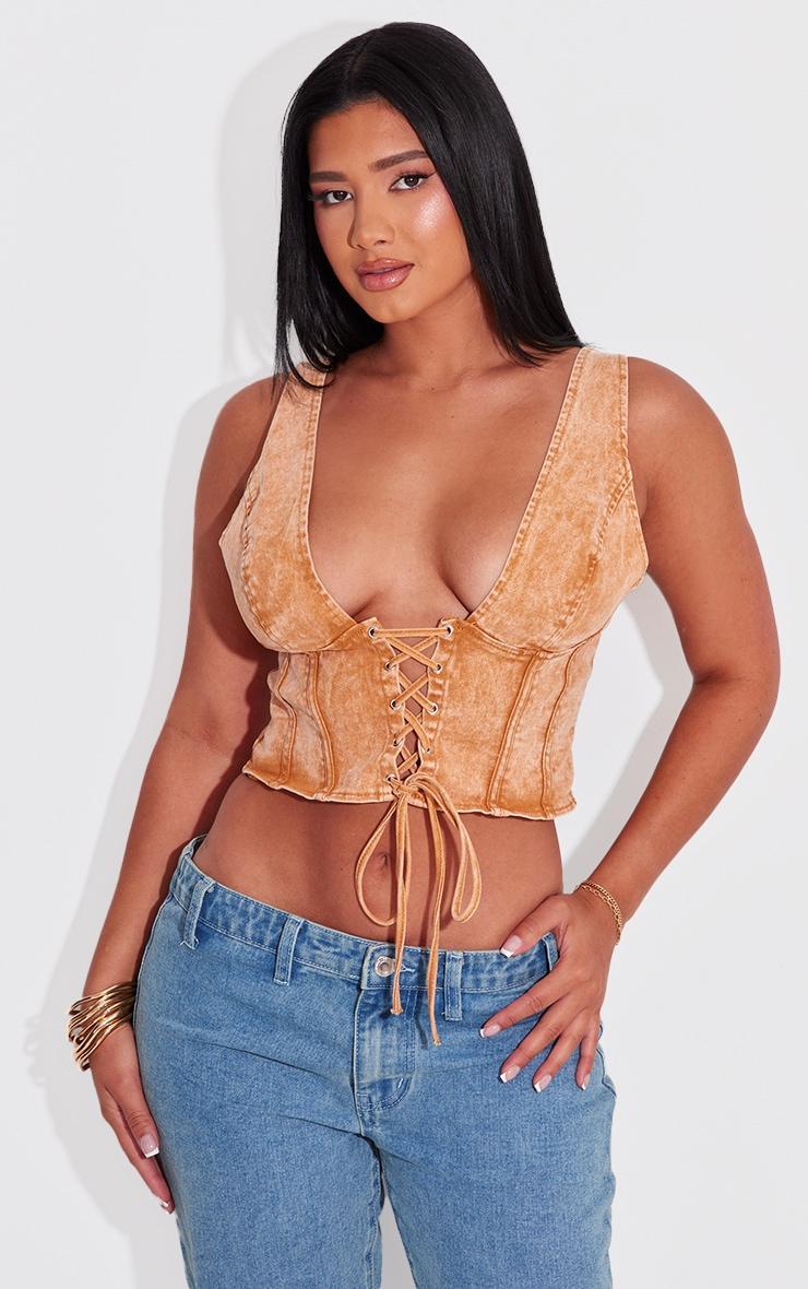 Shape Orange Washed Denim Lace Up Corset Top product image