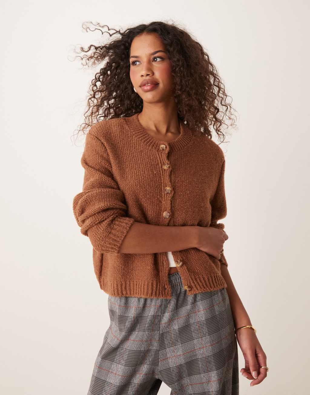 Miss Selfridge crew neck textured knit cardigan in chocolate Product Image