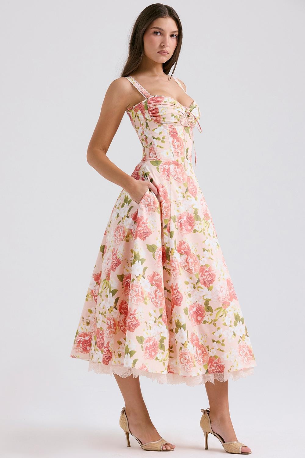 Rosalee Pink Peony Print Cotton Bustier Sundress Product Image