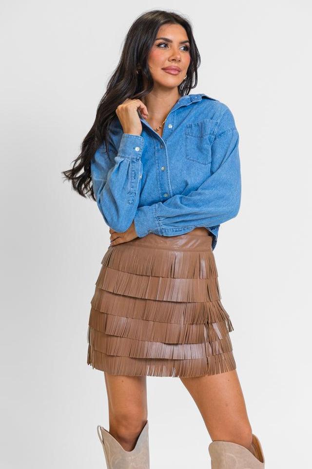 Follow Your Arrow Brown Faux Leather Fringe Skirt Product Image