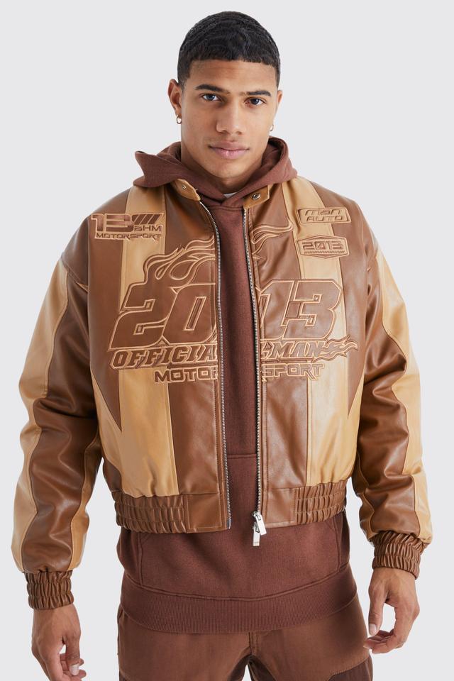 Mens Brown Boxy Pu Panelled Applique Moto Jacket, Brown Product Image