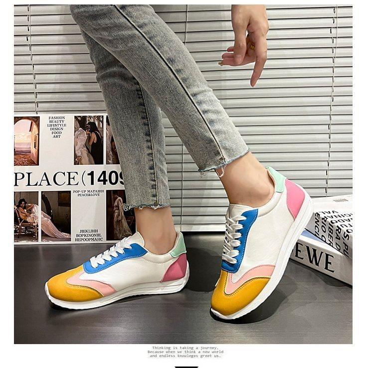 Color Block Lace-Up Faux Leather Sneakers Product Image