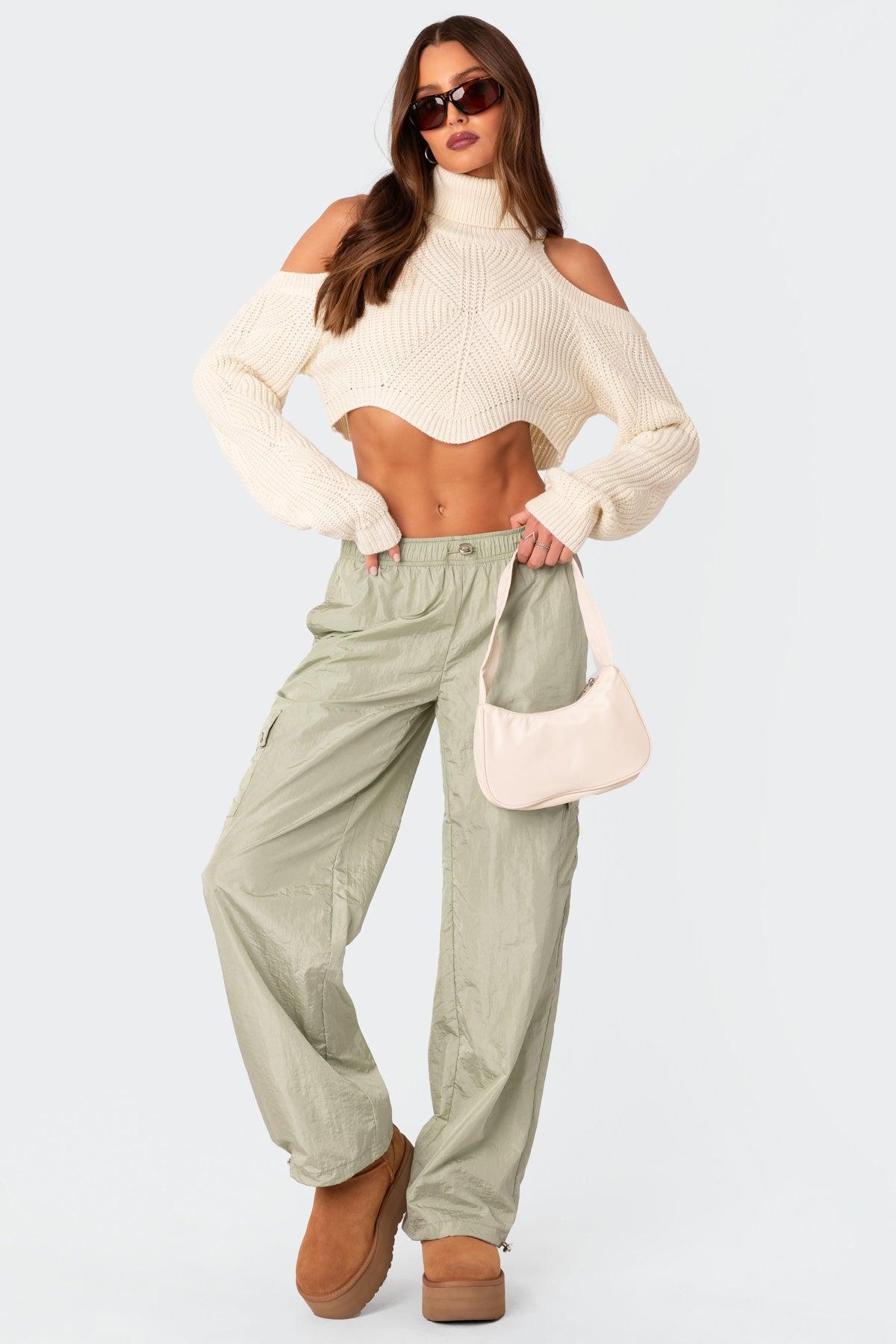 Asymmetric Cropped Open Shoulder Turtle Neck Sweater Product Image