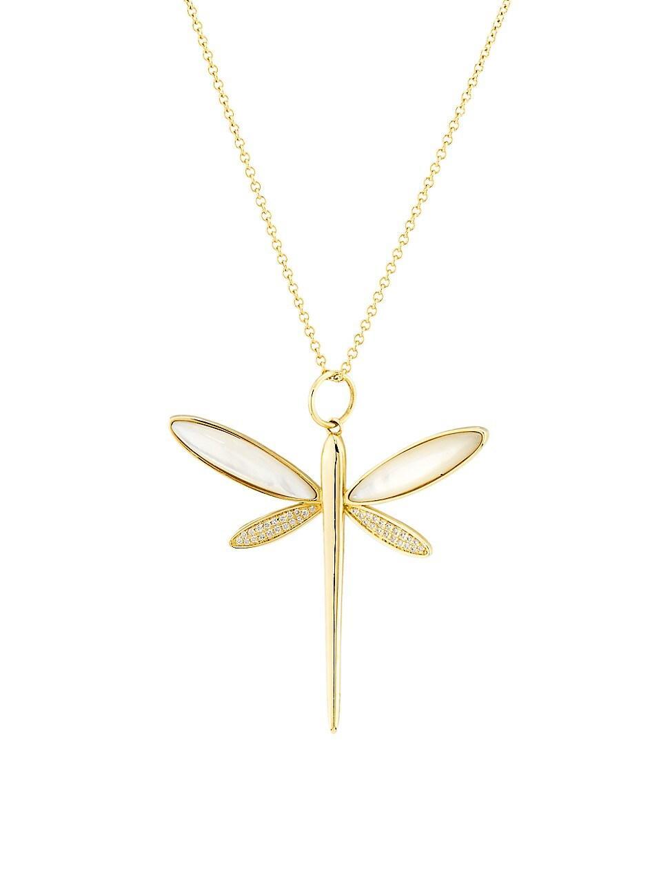 Womens 14K Yellow Gold, 0.38 TCW Diamond & Mother-Of-Pearl Dragonfly Pendant Necklace Product Image