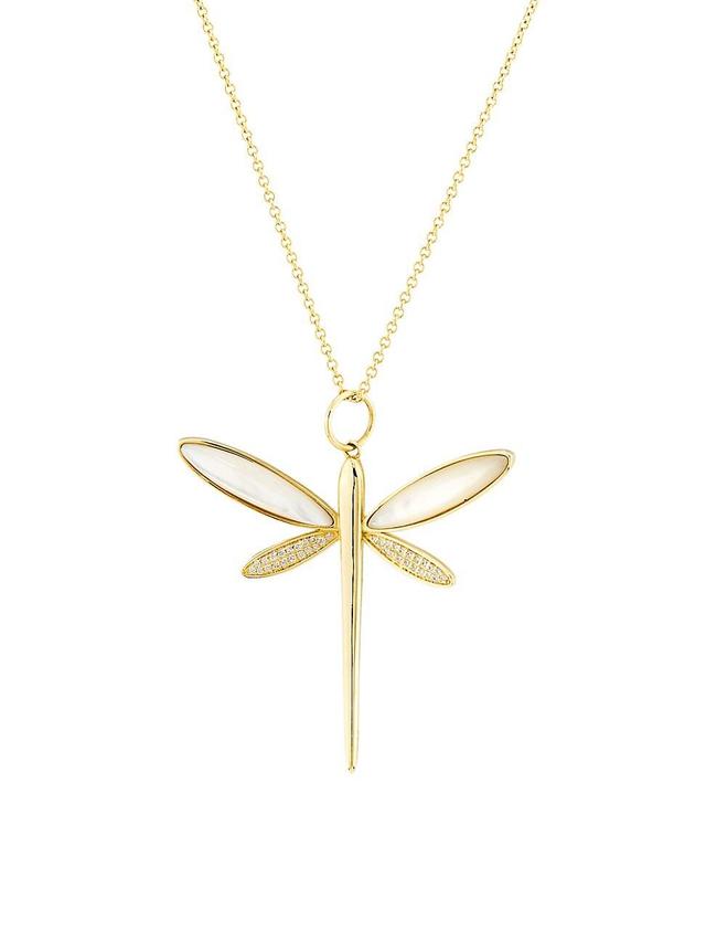 Womens 14K Yellow Gold, 0.38 TCW Diamond & Mother-Of-Pearl Dragonfly Pendant Necklace Product Image