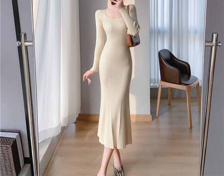 Long-Sleeve Square Neck Plain Ribbed Midi Mermaid Knit Dress Product Image