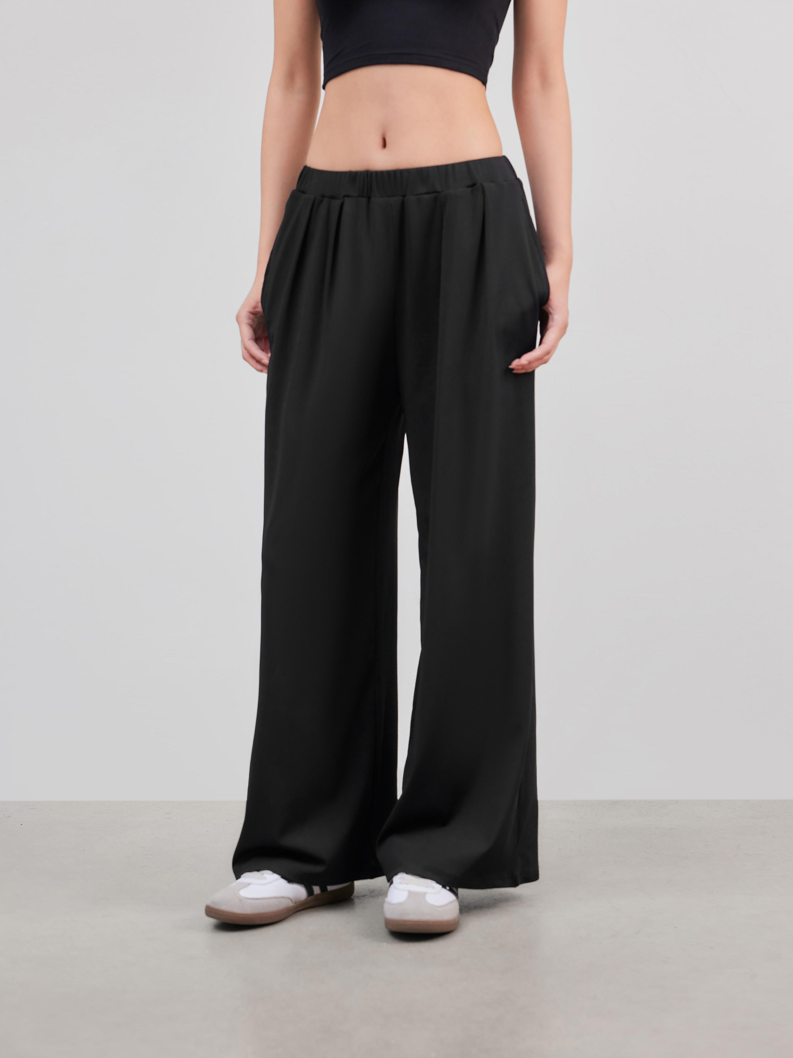 Petite Solid Elastic Waist Wide Leg Pants Product Image