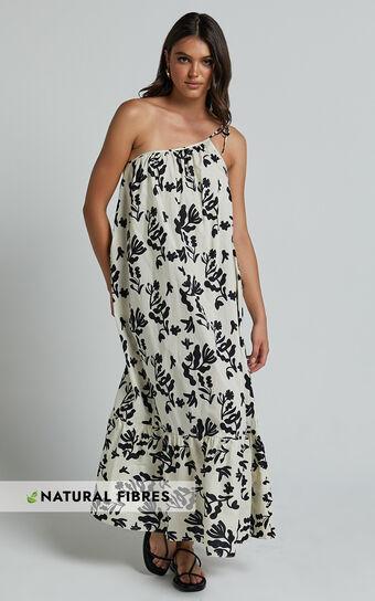 Illyana Midi Dress - Asymmetric One Shoulder Frill Hem Dress in White and Black Print Product Image