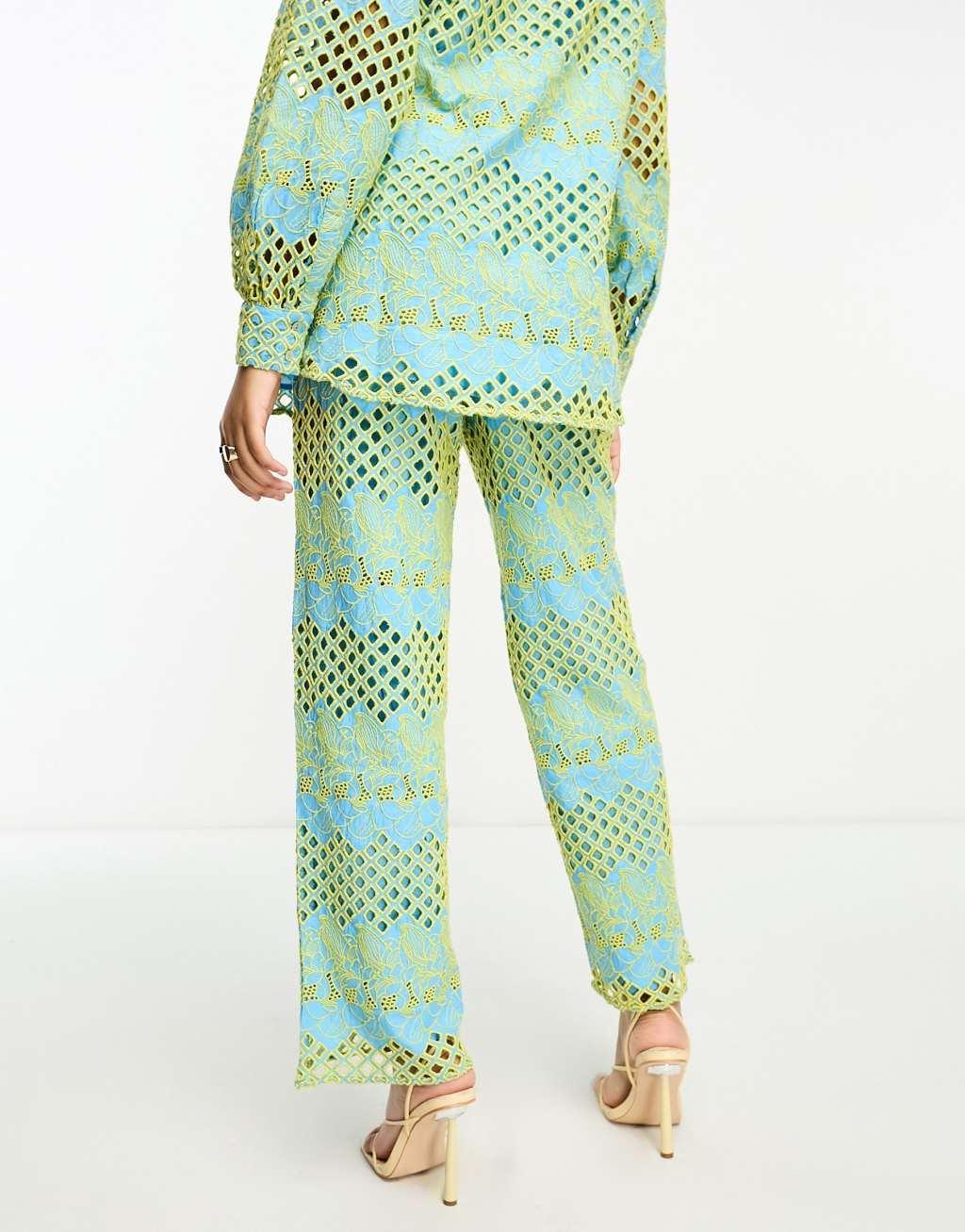 Y.A.S eyelet wide leg pants in blue and yellow - part of a set Product Image