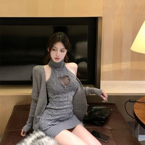 Sleeveless Turtleneck Plain Cable Knit Mini Sheath Dress / Plain Cardigan Product Image