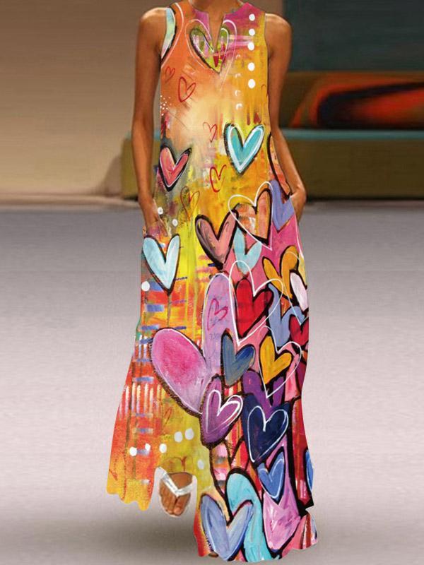 A-Line Loose Heart Print Round-Neck Maxi Dresses Product Image