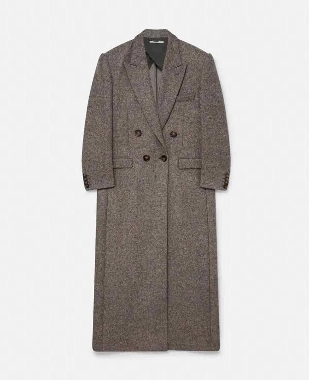 Double Breasted Tweed Long Coat In Beige Tweed Product Image