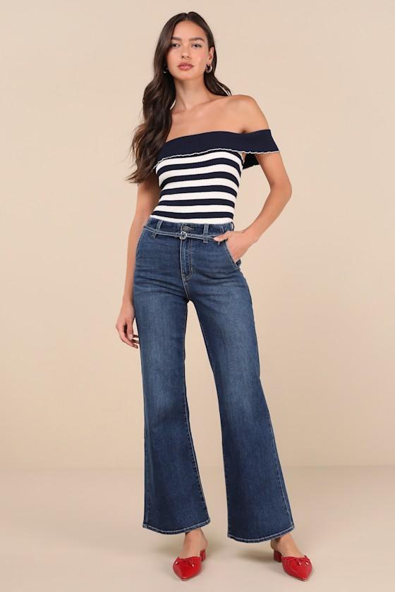 Trendy Expert Dark Wash Denim Belted Wide-Leg Jeans Product Image