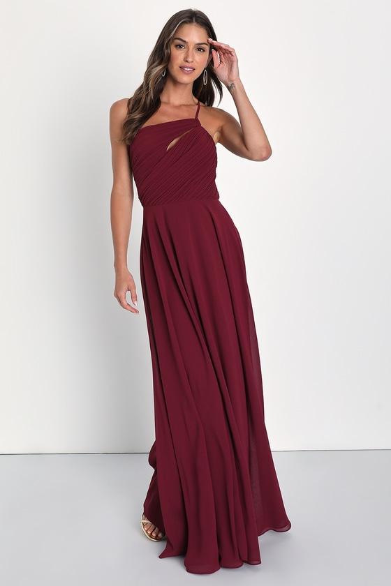 Extraordinary Elegance Burgundy Pleated One-Shoulder Maxi Dress Product Image