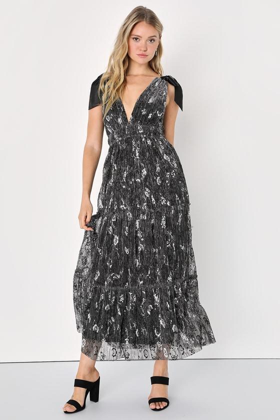 Guest List Gorgeous Black Floral Lurex Tie-Strap Maxi Dress Product Image