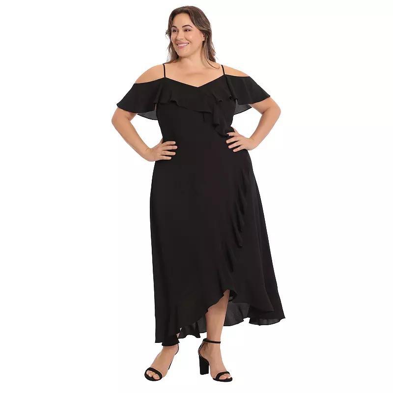 Plus Size London Times Cold Shoulder Ruffle Faux Wrap Dress, Womens Product Image