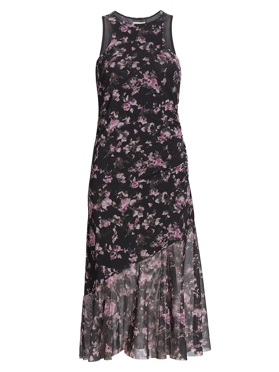 Womens Floral Mesh Draped Midi-Dress Product Image