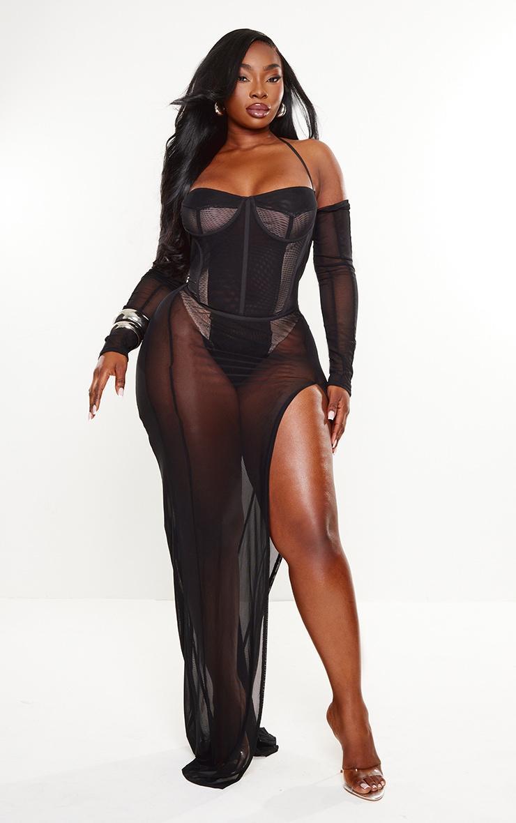 Plus Black Mesh Panelled Corset Maxi Dress Product Image