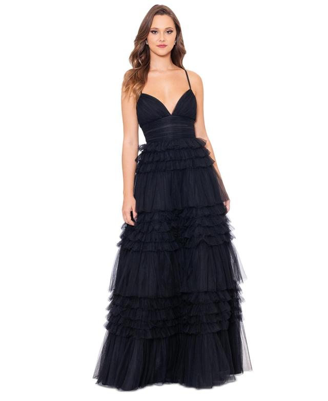 Betsy & Adam Womens V-Neck Sleeveless Tiered Ruffle Mesh Gown Product Image