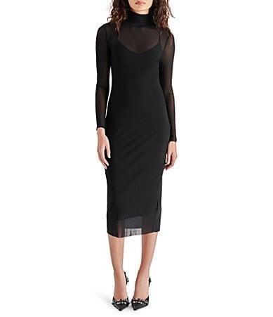 Steve Madden Vivienne Mesh Turtleneck Long Sleeve Bodycon Midi Dress Product Image