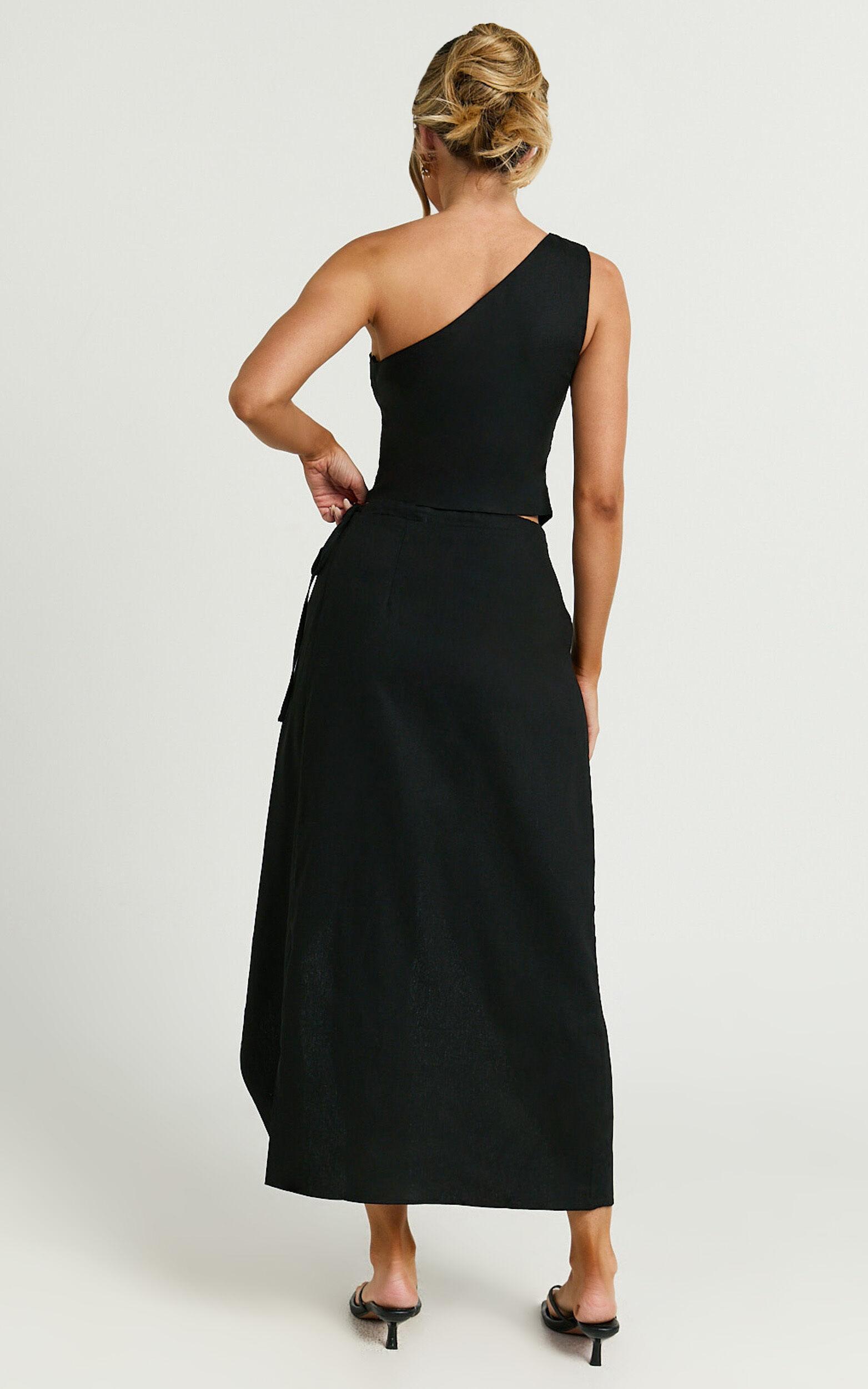 Claudia Two Piece Set - Linen Look One Shoulder Button Down Top and Midi Skirt Set in Black Product Image