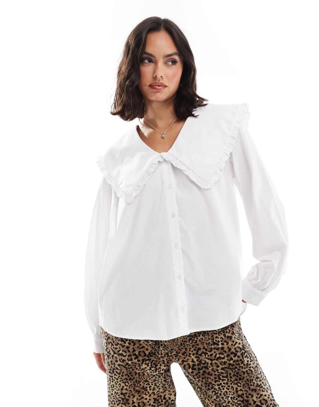 ASOS DESIGN oversized shirt with plunge pie crust collar in white Product Image